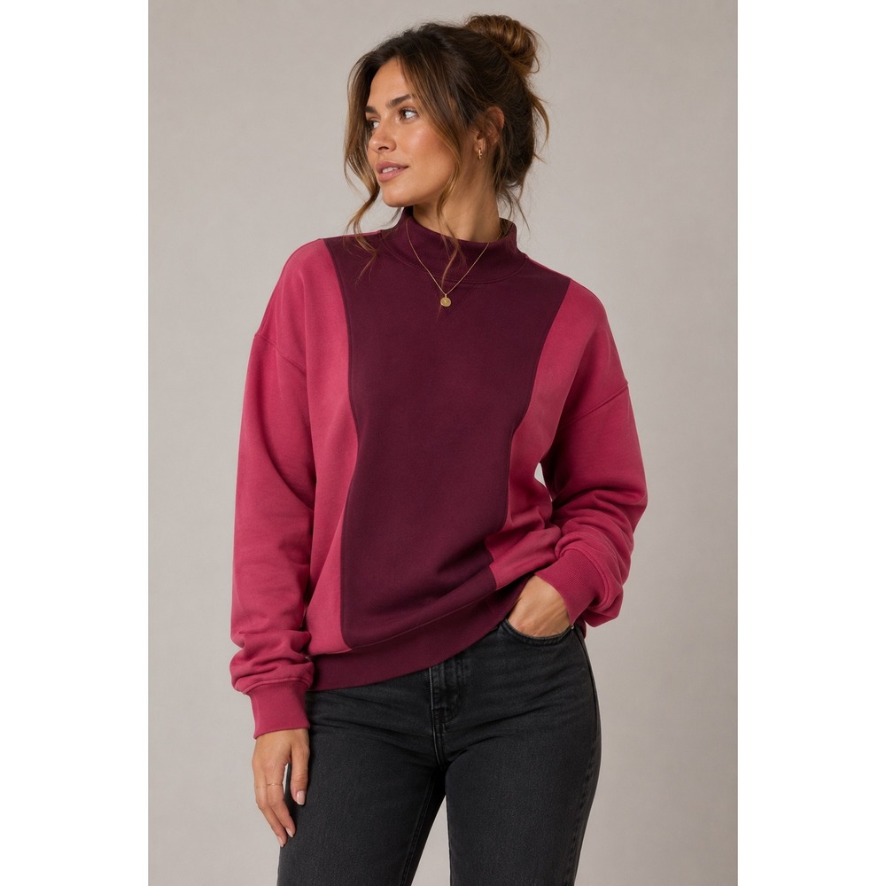 Athleta Colorblock Mock‎ Neck Sweatshirt Burgundy Pink Thumbhole Small |F1